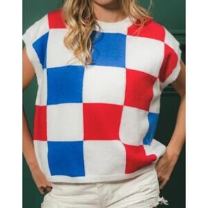 Fourth Of July Red White Blue Checkered Sweater Vest New Bibi